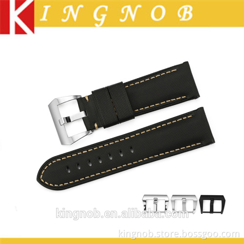 24mm Fabric Canvas Genuine Leather Watch Band Strap Pre-V Tang Buckle Style Padded Belt Strap